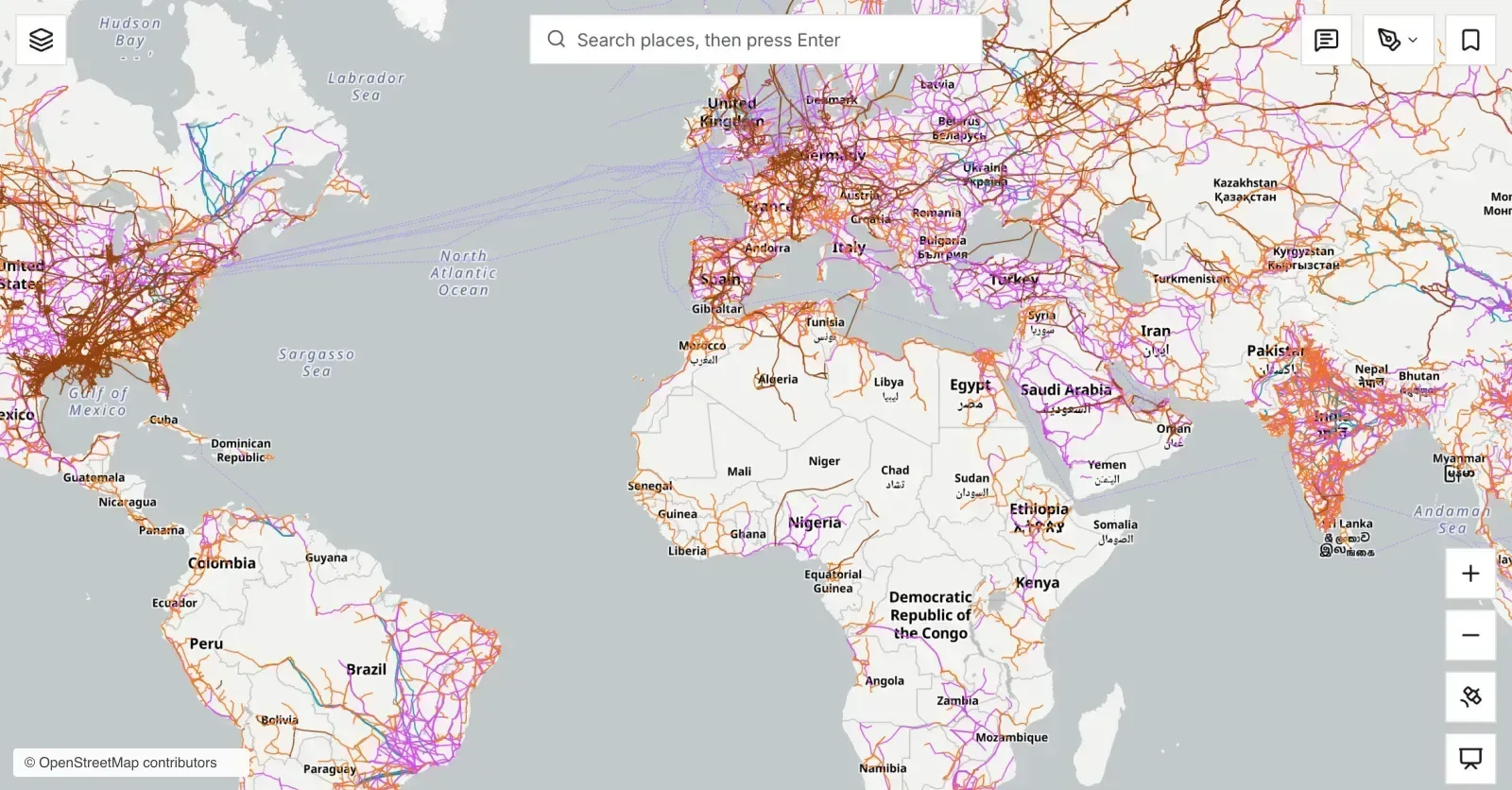 PowerFirst Intelligence map with world power lines, pipelines and telecoms layers.