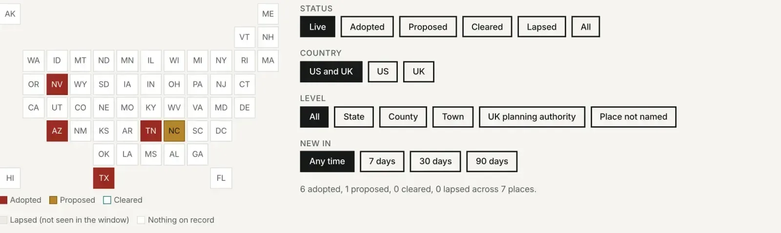 Risk radar with a US state grid marking adopted and proposed moratoria, and filters by status, country, level and date.