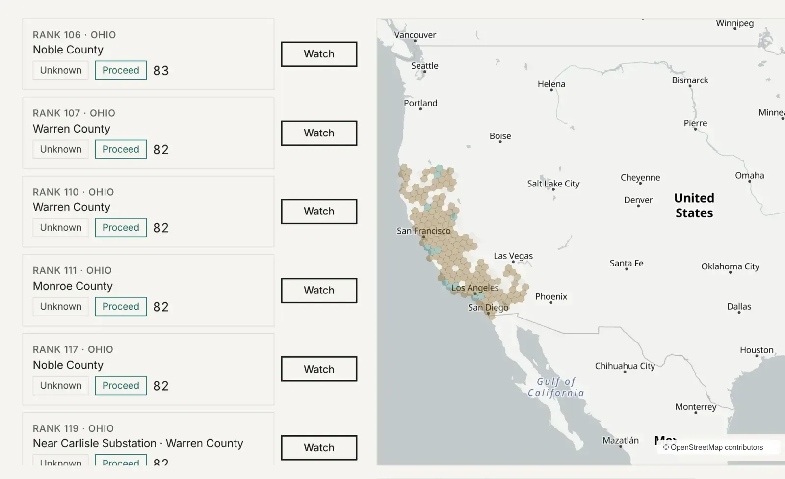 Site screen listing ranked Ohio counties, each marked Proceed with a score, beside a map of scored hexagons in California.